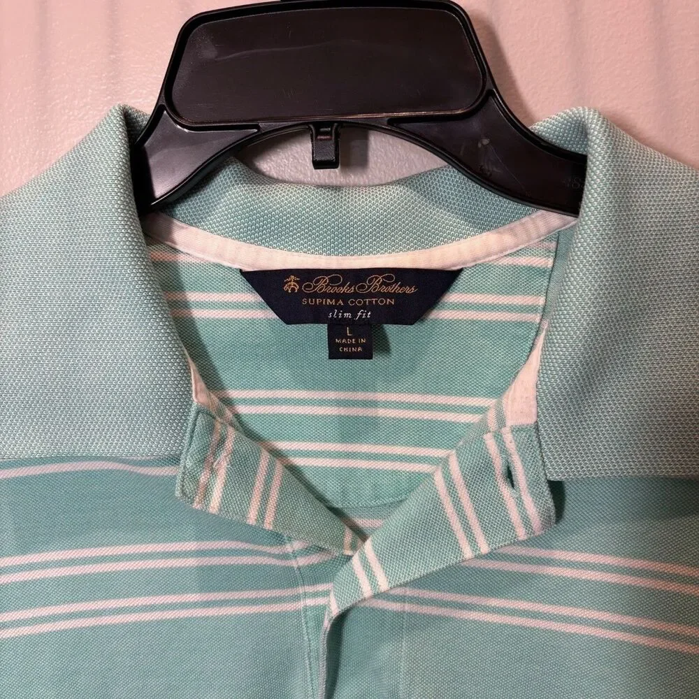 Brooks Brothers slim fit short sleeve polo Men's Large supima cotton aqua stripe